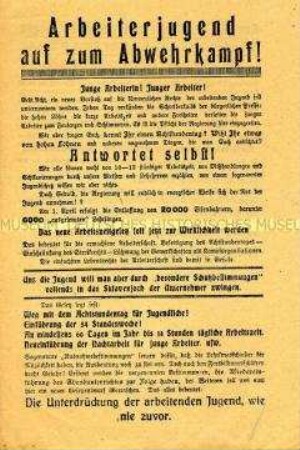 Propagandaflugblatt des Kommunistischen Jugendverbandes gegen die Ausbeutung und Unterdrückung der Arbeiterjugend