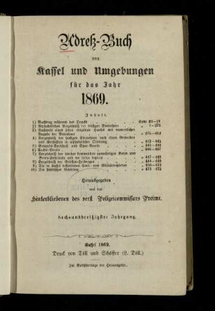 Jg. 36.1869: Adreß-Buch von Kassel und Umgebungen : für das Jahr 1869