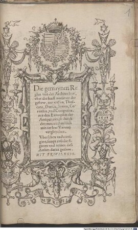 Die gemaynen Reglen von der Architecktur, uber die funff Manieren der Gebew, zu wissen : Thoscana, Dorica, Ionica, Corinthia, und composita, mit den Exemplen der Antiquitaten, so durch den merren thayl sich mit der leer Vitruun vergleychen
