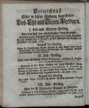 Verzeichnuß Aller in disem Anhang begriffenen Lob- Ehr- und Sitten-Predigen