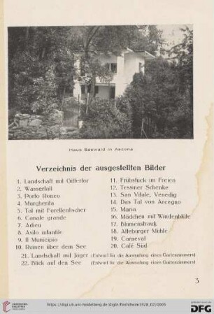 Verzeichnis der ausgestellten Bilder (Nr.1-22)