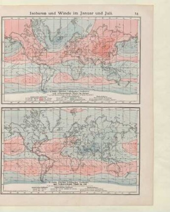 Isobaren und Winde im Januar und Juli. I. Linien gleichen Luftdruckes* (Isobaren) und vorherrschende Winde im Januar