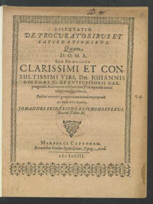 Disputatio De Procuratoribus Et Satisdationibus