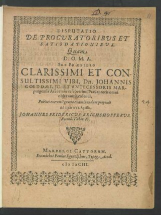 Disputatio De Procuratoribus Et Satisdationibus
