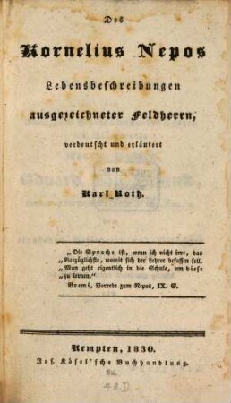 Des Kornelius Nepos Lebensbeschreibungen ausgezeichneter Feldherrn