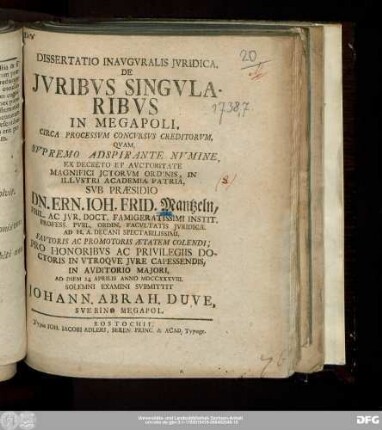 Dissertatio Inavgvralis Jvridica, De Jvribvs Singvlaribvs In Megapoli. Circa Processvm Concvrsvs Creditorvm