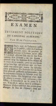 Examen Du Testament Politique Du Cardinal Alberoni. Par M. De Voltaire