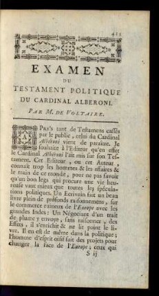 Examen Du Testament Politique Du Cardinal Alberoni. Par M. De Voltaire