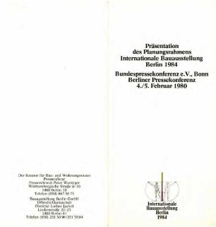 Flyer: Planungsrahmen IBA Berlin 1984, Pressekonferenz mit Programm, Bonn