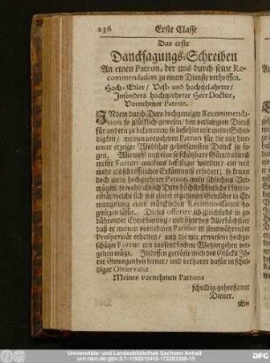 Das erste Dancksagungs-Schreiben An einen Patron, der uns durch seine Recommendation zu einem Dienste verholffen.