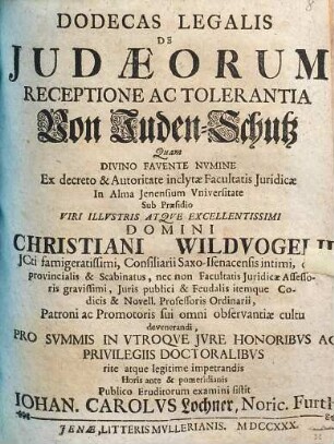Dodecas Legalis De Iudaeorum Receptione Ac Tolerantia : = Von Juden-Schutz