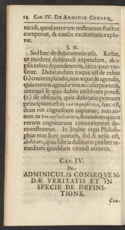 Cap. IV. De Adminiculis Consequendae Veritatis Et In Specie De Definitione