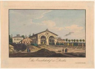 Die Bahnsteighalle des ersten Leipziger Bahnhofes in Dresden-Neustadt (1839 eingeweiht) aus dem Bahngelände nach Süden