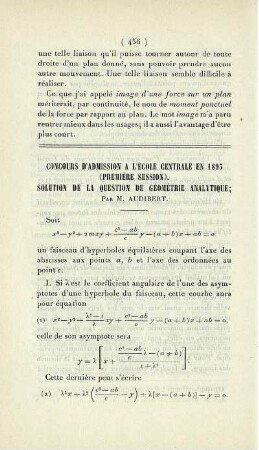 Concours d'admission a l'École Centrale en 1893 (première session). Solution de la question de géométrie analytique.