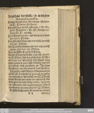 Verzeichnis der stücke/ so in diesem Büchlin begriffen.
