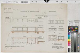 Münster (Münster) Trainkaserne Schuppen (Krümperwagen und Turngeräte) (3.u.4. Eskadron) Bl. 26 Grundriß, Ansichten, Schnitte (1912)1917 1 : 100 50 x 67 farb. Druck Maschke, Regierungsbaumeister Hochbauamt Münster