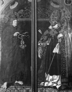 Halle (Saale), Marktkirche St. Marien, Altaraufsatz, 1. Öffnung, 2. bewegliches Flügelpaar, Außenseiten: Johannes der Evangelist; Hl. Augustinus; Simon Franck