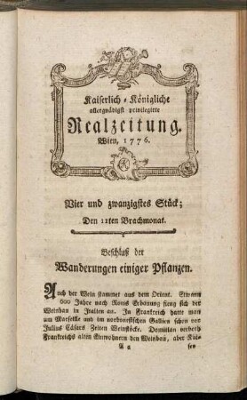 Vier und zwanzigstes Stück; Den 11ten Brachmonat. Wien, 1776.