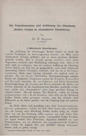 Die Transformation und Auflösung der Gleichung fünften Grades in elementarer Darstellung.