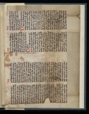 Pergamentblätter des 13. bzw. 14. Jh. (Kommentar aus dem Exodus und Hs. des Liber sextus decretalium D. Bonifacii Papae VIII.)