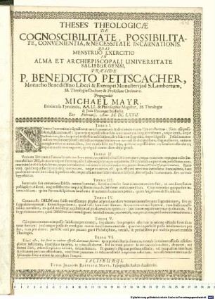 Theses Theologicae De Cognoscibilitate, Possibilitate, Convenientia, & Necessitate Incarnationis