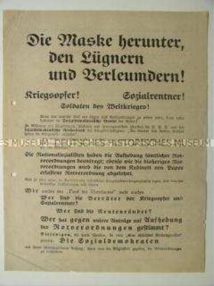 NSDAP-Wahlkampfflugblatt, adressiert an die Kriegsopfer, Sozialrentner, Kriegshinterbliebenen und Frontsoldaten.