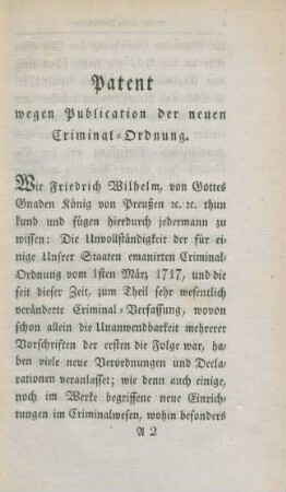 Patent wegen Publication der neuen Criminal-Ordnung.
