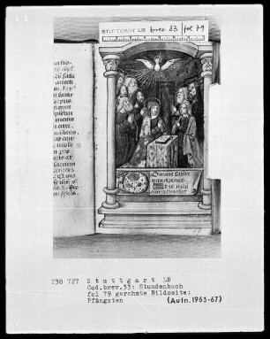 Lateinisch-französisches Stundenbuch — Pfingstwunder mit Textanfang in einer Kartusche, Folio 79recto