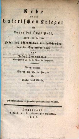 Rede an die baierischen Krieger im Lager bei Ingolstadt : gehalten bei der Feier des öffentlichen Gottesdienstes den 14. September 1823