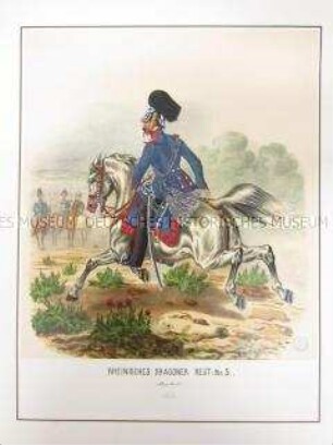 Uniformdarstellung, Adjutant des Rheinischen Dragoner-Regiments No. 5 zu Pferd, Preußen, 1864. Tafel 40 aus: Schindler: Militair-Album.