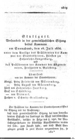 Gemeinschaftliche Sitzung, Stuttgart, 16.7.1836