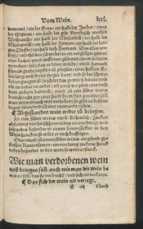 Wie man verdorbenen wein wider brigen soll/ auch wie man die wein bewaren soll/ das sie nit brechen/ und sich nit verkeren.