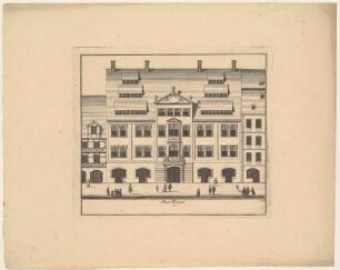 Der Gasthof "Die große Feuerkugel" am Neumarkt 3 in Leipzig, Fassade mit Staffage, Blatt 12 aus einer Reihe Leipziger Wohnhäuser und Palais’