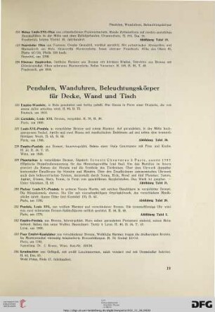 Pendulen, Wanduhren, Beleuchtungskörper für Decke, Wand und Tisch (Nr. 225-261)