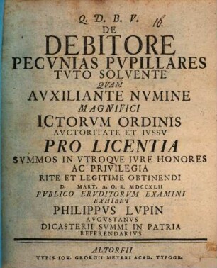 De Debitore Pecvnias Pvpillares Tvto Solvente