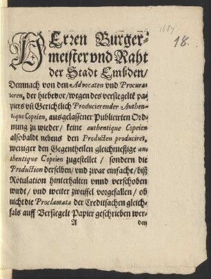 Herren Burgermeister und Raht der Stadt Embden ...