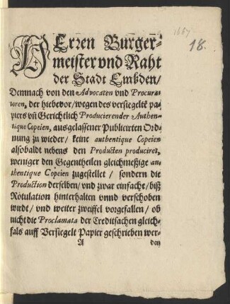 Herren Burgermeister und Raht der Stadt Embden ...