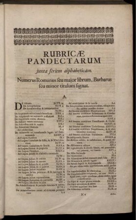 Rubricae Pandectarum juxta seriem alohabeticam.