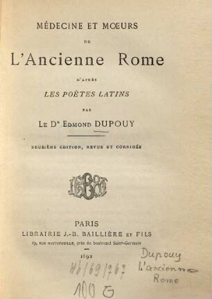 Médecine et moeurs de l'ancienne Rome
