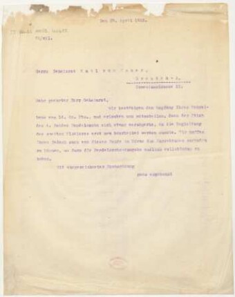 Brief an Emil von Sauer : 22.04.1922