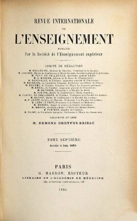 Revue internationale de l'enseignement. 7. 1884