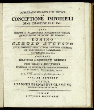 Dissertatio Inavgvralis Medica De Conceptione Impossibili Sine Praedispositione
