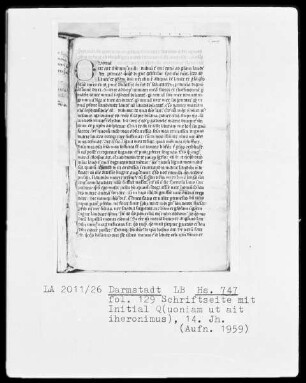 Patristischer Sammelband — Ambrosius und andere — Initiale Q(uoniam ut ait iheronimus), Folio 129recto