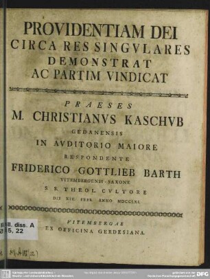 Providentia Dei Circa Res Singulares Demonstrata : Ac Partim Vindicata