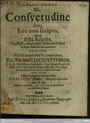 Disputatio de consuetudine s. jure non scripto