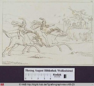 Faust und Mephisto reiten im gestreckten Galopp, im Hintergund ein Richtplatz mit tanzenden Skeletten.