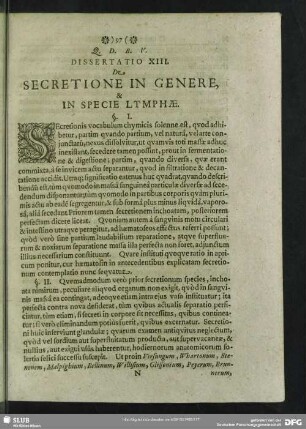 Dissertatio XIII. De Secretione In Genere, & In Specie Lymphae