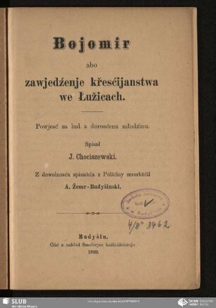 Bojomir abo zawjedźenje křesćijanstwa we Łužicach : Powjesć za lud a dorosćenu młodźinu
