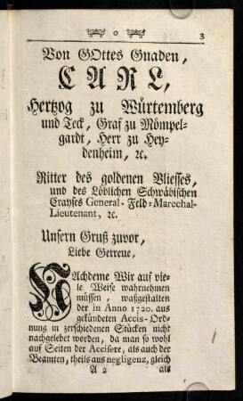 3-6, Von Gottes Gnaden, Carl, Herzof zu Würtemberg und Teck, Graf zu Mömpelgardt, Herr zu Heydenheim, u.
