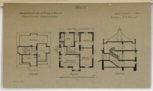 Brückenwärterhaus Monatskonkurrenz März 1916: Grundriss Erdgeschoss, Dachgeschoss, Querschnitt 1:100; Maßstabsleiste